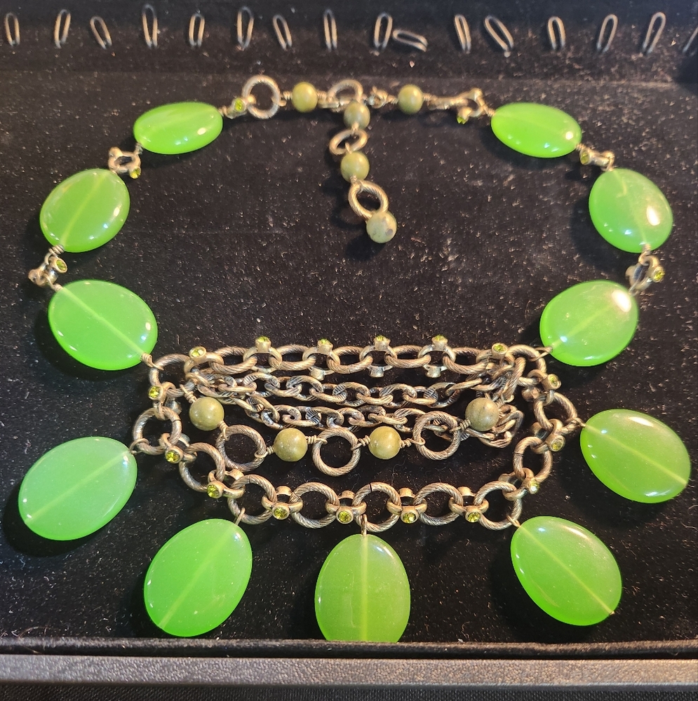 Kiam Family Jewelry Jade Green Glass & Brass Beaded Bib Statement Necklace
